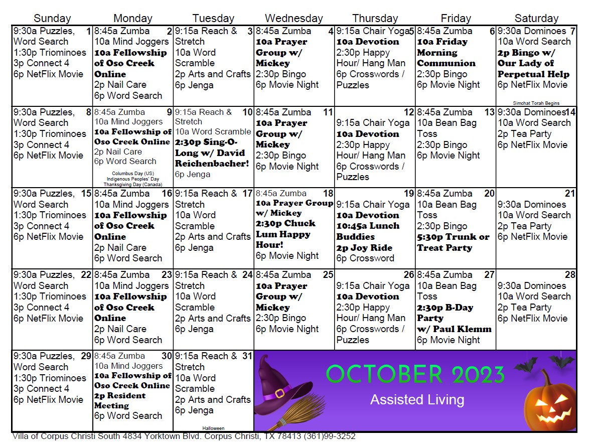 Assisted Living Activities and Calendar